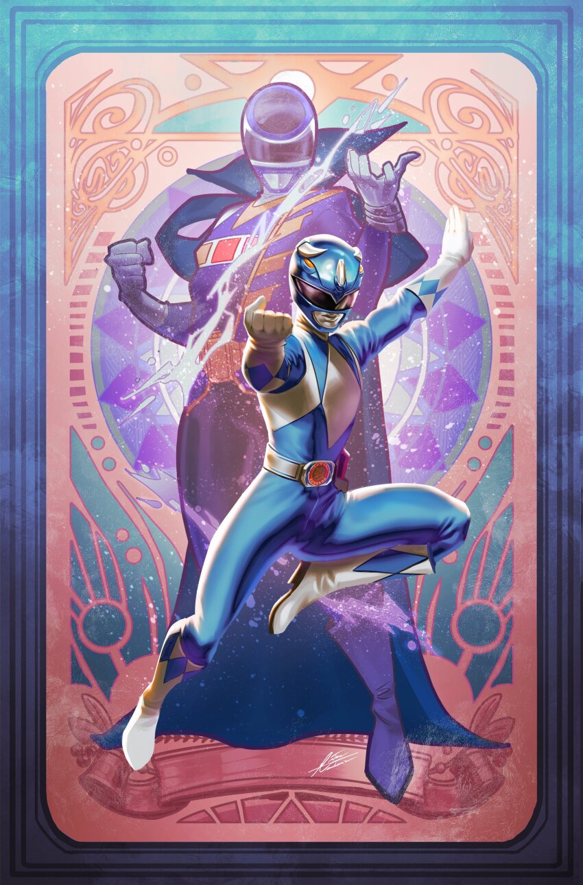 1boy absurdres blue_bodysuit blue_border blue_helmet bodysuit boom!_studios border card commentary dino_buckler english_commentary full_body gloves helmet highres image_background male_focus mighty_morphin_blue_ranger mighty_morphin_power_rangers official_art power_rangers power_rangers_(boom!_studios) power_rangers_in_space tight_clothes tintanega tricera_ranger white_footwear white_gloves