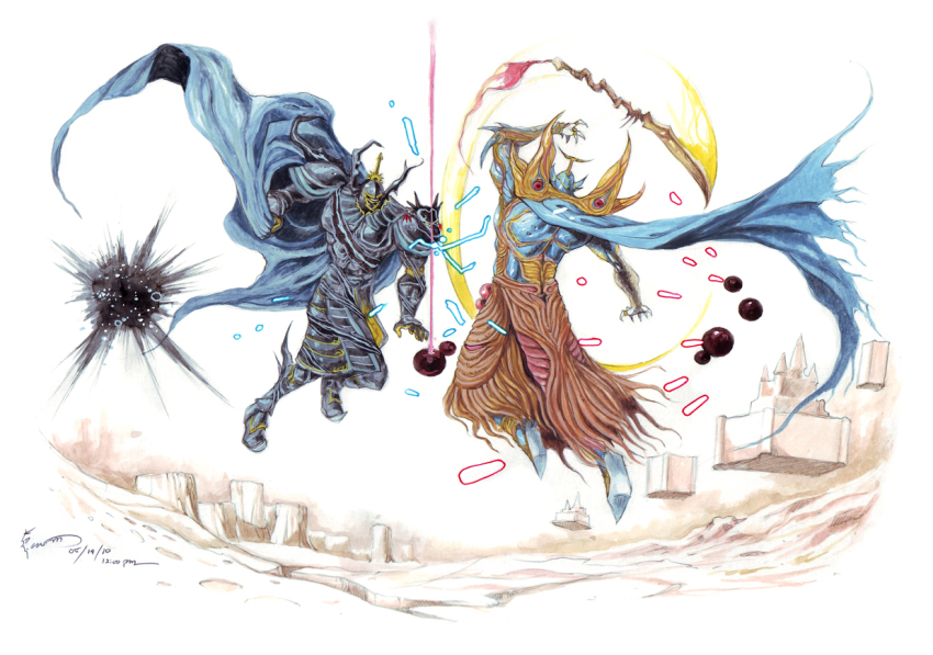 2boys armor attack black_armor black_hole blue_cape cape clawed_gauntlets commentary crater dated dominic_ian_cabatit english_commentary exdeath fighting final_fantasy final_fantasy_iv final_fantasy_v floating floating_castle floating_object floating_sword floating_weapon golbez holding holding_unworn_cape holding_unworn_clothes levitation male_focus multiple_boys orb signature spiked_helmet spiked_pauldrons sword unworn_cape weapon white_armor white_background
