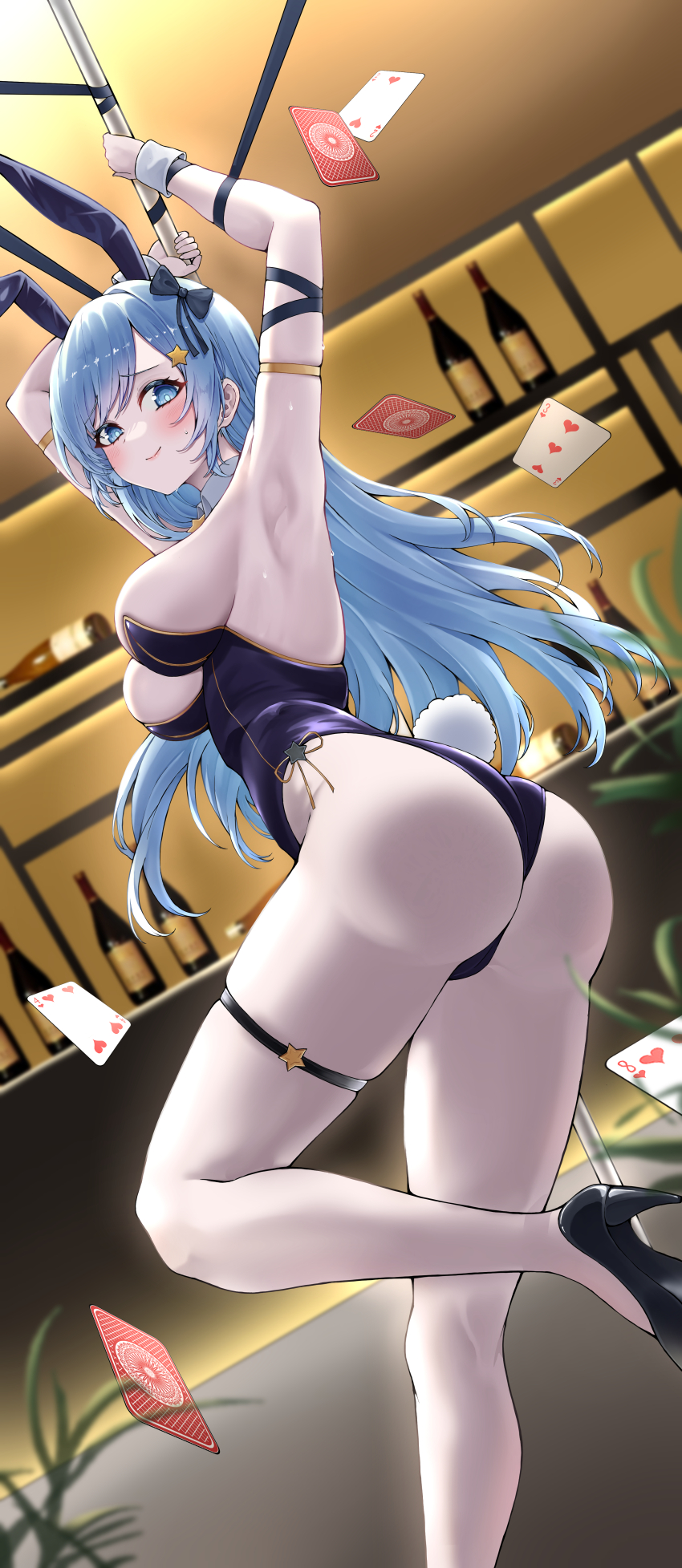 1girl absurdres animal_ears arm_up armpits ass bar_(place) bare_legs black_bow blue_eyes blue_hair blush bottle bow breasts bright_pupils card closed_mouth commentary commission dutch_angle fake_animal_ears foot_up hair_bow hair_spread_out high_heels highres holding holding_pole indoors large_breasts large_variant_set lds_(dstwins97) legs leotard long_hair looking_at_viewer original parted_lips playboy_bunny playing_card pole pole_dancing purple_leotard rabbit_ears smile solo strapless strapless_leotard thigh_strap variant_set very_long_hair white_pupils