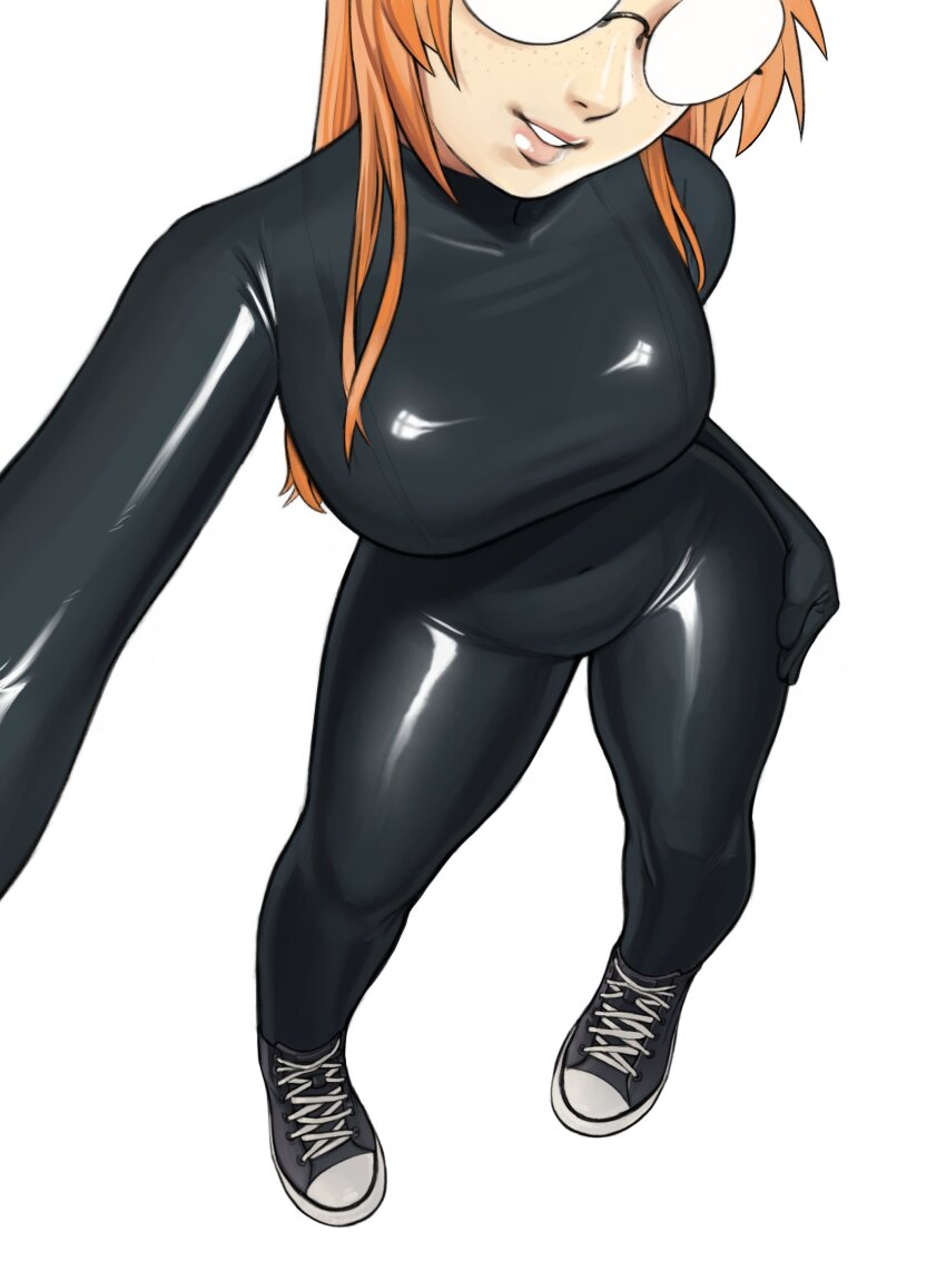 1girl absurdres black_bodysuit black_shoes bodysuit borrowed_character breasts commission freckles glasses hand_on_own_hip highres large_breasts latex latex_suit lips long_hair looking_at_viewer orange_hair original parted_lips round_eyewear shiny_clothes shoes simple_background siri_jay smile sneakers solo white_background yirtios