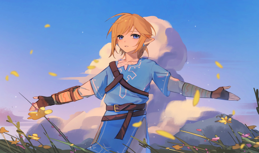 1boy absurdres armor belt belt_buckle blonde_hair blue_eyes blue_sky blue_tunic brown_belt brown_gloves buckle cloud commentary day english_commentary fingerless_gloves flower flower_bed gloves greaves highres layered_sleeves link long_sleeves looking_at_viewer male_focus nintendo outdoors outstretched_arms pants parted_lips petals pointy_ears shirt short_hair short_over_long_sleeves short_sleeves single_greave single_strap sky solo the_legend_of_zelda the_legend_of_zelda:_breath_of_the_wild tunic upper_body white_arm_warmers white_pants white_shirt wind yellow_flower yumiyumo3o