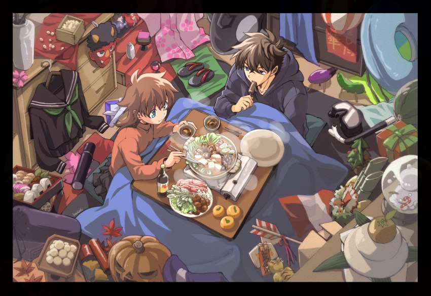 1boy 1girl arrow_(projectile) bamboo blue_eyes blue_hoodie borokouhek brown_hair cabbage cherry_blossoms chopsticks christmas_tree clutter commentary_request couple cucumber eating eggplant fabric food food_in_mouth from_above gift ginkgo_leaf hat hetero highres holding holding_chopsticks hood hoodie innertube kotatsu kuroba_kaito leaf long_hair looking_at_object magic_kaito maple_leaf nabe nakamori_aoko onigiri pumpkin sandals school_uniform seasons short_hair signature sitting skirt slice_of_life snorkel_mask soy_sauce soy_sauce_bottle soybean sweater swim_ring table unworn_sandals witch_hat wok