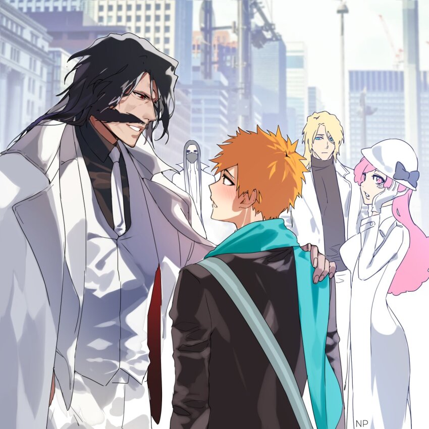 as_nodt black_hair black_jacket black_shirt bleach blonde_hair blue_bow blue_eyes blue_scarf bow breasts building character_request closed_mouth collared_shirt commentary dress enpissi facial_hair gloves hair_between_eyes hand_on_another&#039;s_shoulder hand_on_own_face hat hat_bow highres jacket jugram_haschwalth kurosaki_ichigo long_hair mask medium_breasts meninas_mcallon mouth_mask mustache necktie orange_hair outdoors pants parted_lips pink_eyes pink_hair red_eyes scarf shirt smile very_long_hair white_dress white_gloves white_headwear white_jacket white_necktie white_pants yhwach