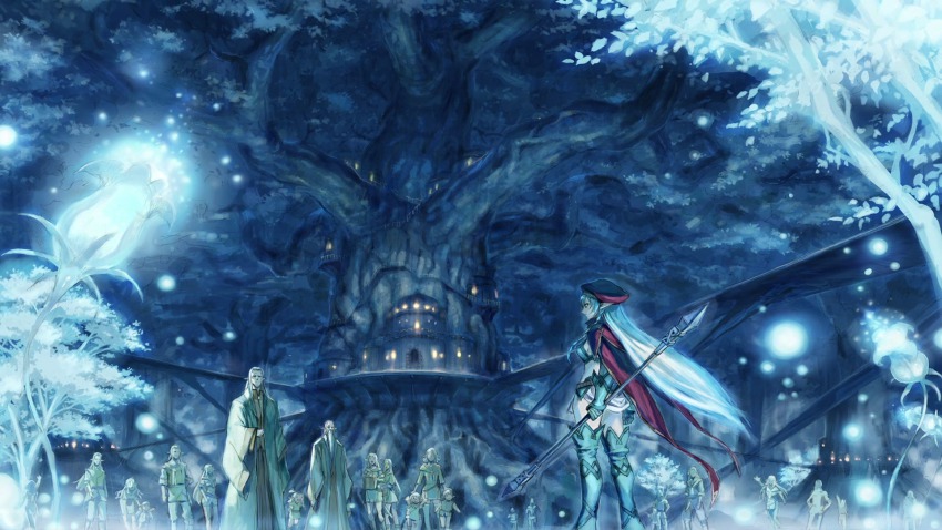 1girl alleyne_(queen&#039;s_blade) anime_screenshot back blonde_hair bridge elbow_gloves elf fighting_master_alleyne flower forest gloves hat highres long_hair nature night plant pointy_ears queen&#039;s_blade robe scenery tree treehouse tribe village