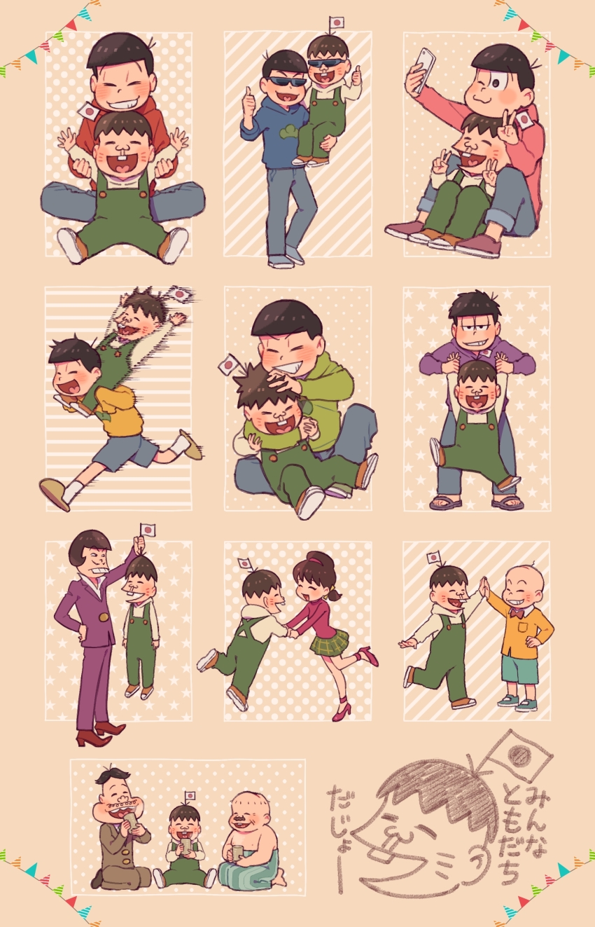 1girl 6+boys absurdres bald black_hair brothers brown_hair buck_teeth chibita cup dayoon dekapan double_v facial_hair hatabou head_flag high_five highres holding_hands hood hoodie iyami kabu_(bekka) matsuno_choromatsu matsuno_ichimatsu matsuno_jyushimatsu matsuno_karamatsu matsuno_osomatsu matsuno_todomatsu motion_blur multiple_boys mustache osomatsu-san osomatsu_(series) selfie sextuplets siblings smile sunglasses teeth thumbs_up twintails v yowai_totoko yunomi