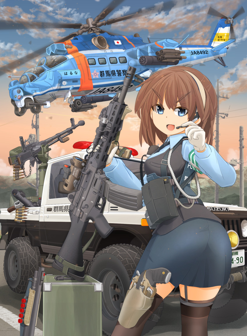 2boys aircraft ammunition_belt armband ass assault_rifle attack_helicopter blue_eyes brown_hair bullet cloud commentary_request cowboy_shot from_behind garter_straps gloves green_armband gun handgun headset heavy_machine_gun helicopter helmet highres hill holding holding_gun holding_weapon holster howa_type_89 japan_national_police japanese_flag japanese_national_police_agency_(emblem) license_plate load_bearing_equipment looking_at_viewer looking_back machine_gun mi-24 mikeran_(mikelan) military military_vehicle missile missile_pod motion_blur motor_vehicle multiple_boys necktie open_mouth original outdoors pickup_truck police police_helicopter police_uniform policewoman power_lines radio revision revolver rifle rocket_launcher rpg rpg-7 rpg_(weapon) short_hair skirt sky suzuki_(company) technical thigh_holster thighhighs translated truck uniform_vest utility_pole vertical_foregrip weapon white_gloves zettai_ryouiki