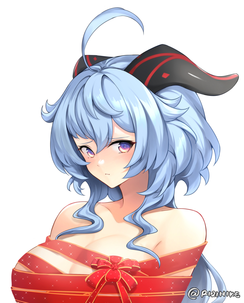 1girl ahoge artist_name blue_hair blush bound bow breasts christmas ganyu_(genshin_impact) genshin_impact highres horns long_hair looking_at_viewer medium_breasts purple_eyes red_ribbon ribbon ribbon_bondage rizihike sidelocks solo twitter_username upper_body white_background