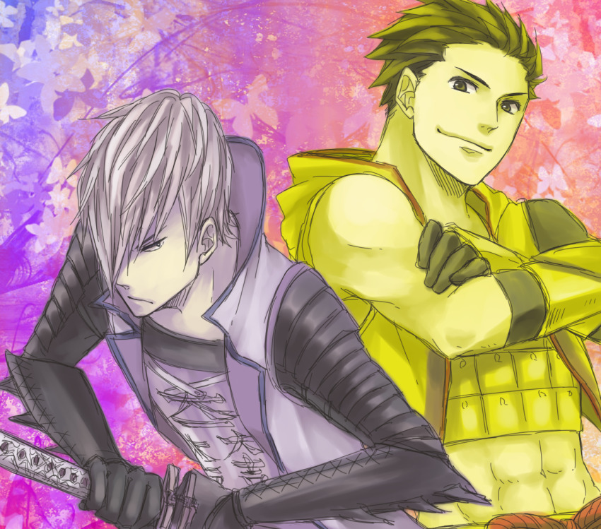 2boys abs asymmetrical_sleeves crossed_arms frown gradient_background hair_over_one_eye holding holding_sword holding_weapon iroha_(hoptempo) ishida_mitsunari_(sengoku_basara) katana looking_at_viewer male_focus midriff multiple_boys pink_background purple_background sengoku_basara sheath short_hair sketch smile sword tokugawa_ieyasu_(sengoku_basara) toned toned_male uneven_sleeves unsheathing weapon