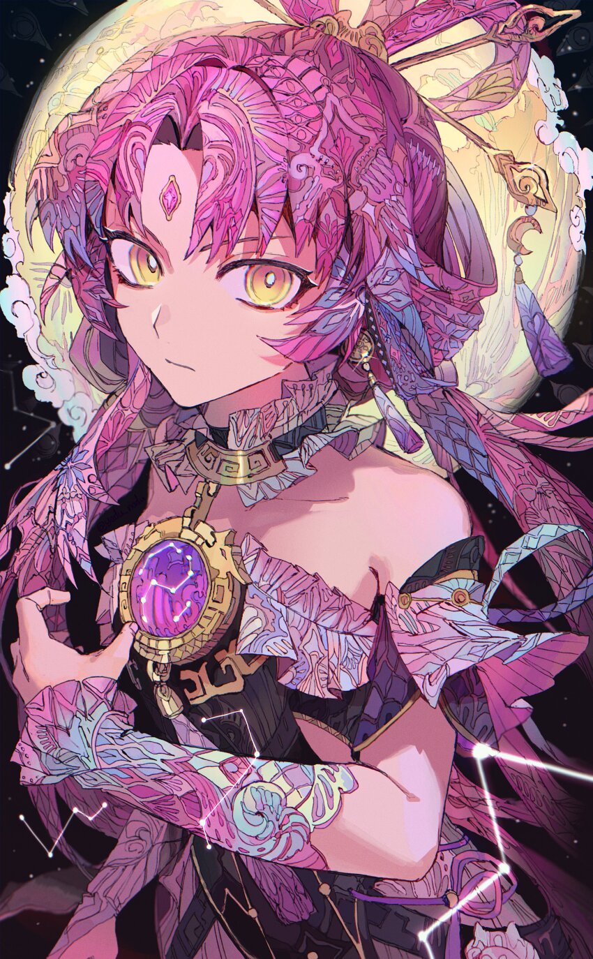 1girl absurdres bare_shoulders bow-shaped_hair closed_mouth constellation detached_sleeves forehead_jewel fu_xuan_(honkai:_star_rail) hair_ornament hair_stick highres honkai:_star_rail honkai_(series) jewelry moon night night_sky parted_bangs pink_hair purple_rope rope sky solo twintails yadu_nadu