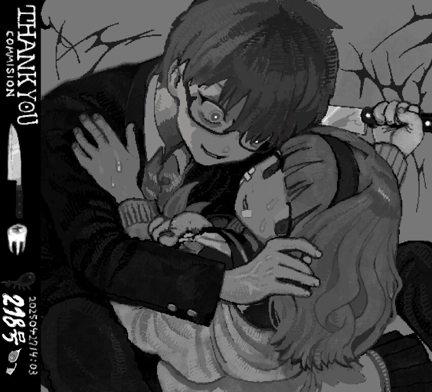 1boy 1girl averting_eyes bandaid bandaid_on_cheek bandaid_on_face cardigan collared_shirt commission crazy_grin gakuran gauze gauze_on_cheek glasses glowing glowing_eyes greyscale grin hairband hand_on_another&#039;s_shoulder height_difference highres holding holding_knife jacket kitchen_knife knife leaning_back leaning_forward long_hair long_sleeves looking_at_another monochrome nas_u nervous_sweating open_clothes open_jacket original scared school_uniform serafuku shirt short_hair smile sweat veins wide-eyed