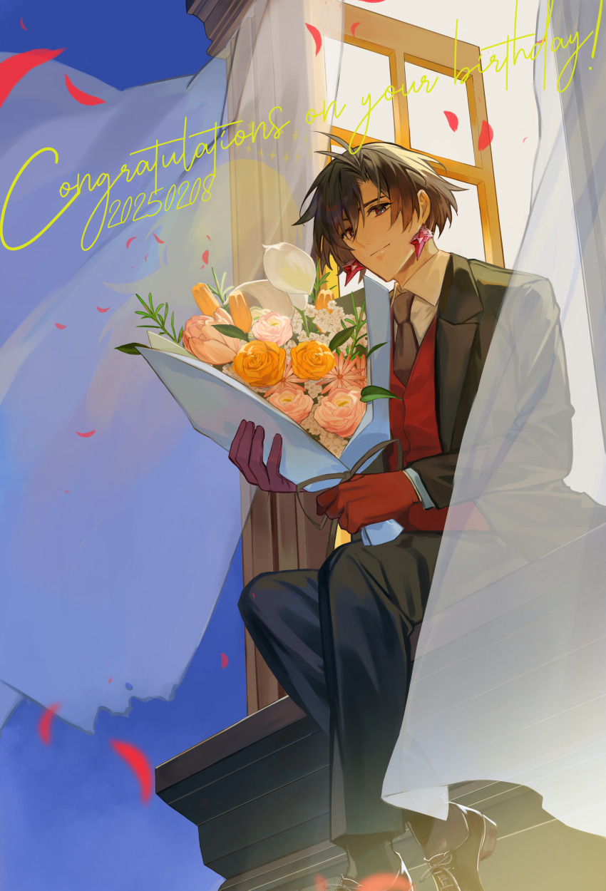 1boy absurdres black_jacket black_necktie bouquet brown_hair closed_mouth collared_shirt constantine_xi_(fate) curtains dated earrings fate/grand_order fate_(series) flower gloves highres jacket jewelry lily_(flower) long_sleeves looking_at_viewer male_focus miynot necktie orange_flower orange_rose orange_tulip red_gloves red_vest rose shirt short_hair sitting solo tulip vest white_flower windowsill