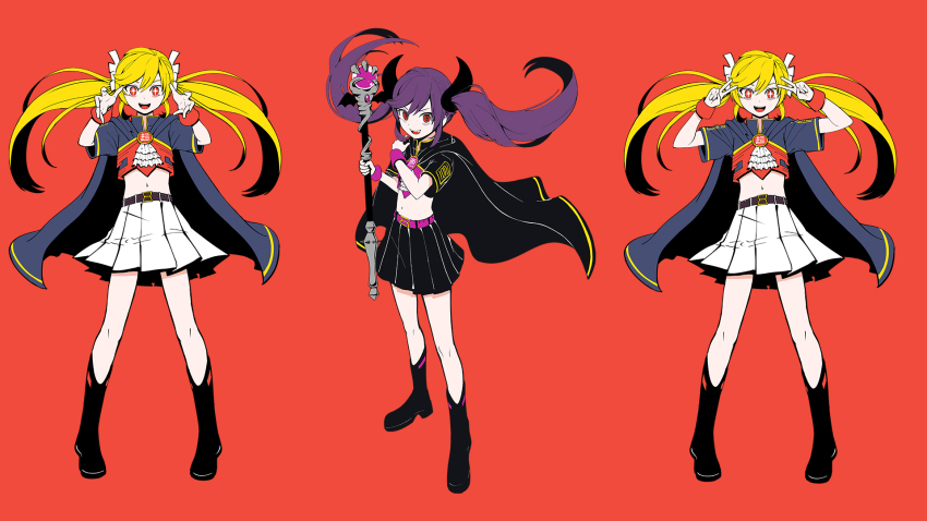 1girl :d ascot belt belt_buckle black_belt black_boots black_cape black_shirt black_skirt blonde_hair blue_cape blue_shirt boots buckle cape choushujinnkou_(vocaloid) claw_pose crop_top cross-shaped_pupils demon_horns dot_nose emblem evil_smile flat_chest floating_cape floating_hair full_body hair_ornament hatsune_miku highres holding holding_staff horns long_hair looking_at_viewer mage_staff midriff multiple_views navel official_art open_mouth pinocchio-p pleated_skirt purple_belt purple_hair purple_wrist_cuffs red_background red_eyes red_wrist_cuffs ringed_eyes shirt skirt smile staff standing straight-on symbol-shaped_pupils very_long_hair vocaloid white_ascot white_skirt wrist_cuffs