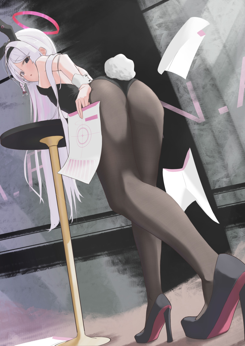 1girl absurdres alternate_costume animal_ears ass bare_shoulders black_eyes black_hairband black_leotard black_pantyhose blue_archive braid breasts chinese_commentary colored_inner_hair commentary_request dutch_angle eyelashes fake_animal_ears fake_tail foreshortening froggy_(froggy_163) from_behind from_below full_body gacha_(game_mechanic) hairband halo high_heels highres holding holding_paper indoors leaning_forward leotard long_hair looking_at_viewer looking_back multicolored_hair pantyhose paper partial_commentary pink_hair plana_(blue_archive) playboy_bunny rabbit_ears rabbit_tail red_halo red_pupils single_braid small_breasts solo standing stool straight_hair strapless strapless_leotard tail very_long_hair white_hair white_wrist_cuffs wrist_cuffs