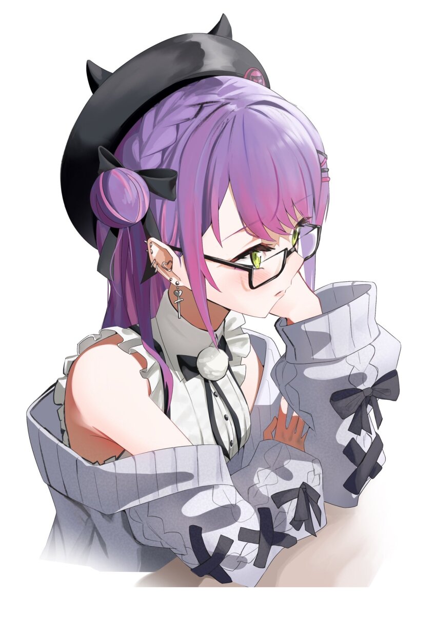 1girl barbell_piercing black-framed_eyewear blush braid breasts cardigan colored_inner_hair demon_tail ear_piercing fake_horns frilled_shirt frills glasses green_eyes grey_cardigan hair_bun hair_ornament hairclip hat hat_pin highres hololive horned_headwear horns industrial_piercing jirai_kei long_hair looking_at_viewer multicolored_hair official_alternate_costume piercing pink_hair pom_pom_(clothes) purple_hair semi-rimless_eyewear shirt single_side_bun solo streaked_hair tail tail_ornament tokoyami_towa tokoyami_towa_(jirai_kei) under-rim_eyewear uw_chanmaru virtual_youtuber white_shirt