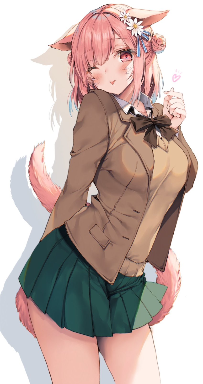 1girl animal_ears warrior_of_light_(ff14) blush breasts cat_ears cat_girl cat_tail double_bun facial_mark final_fantasy final_fantasy_xiv flower hair_bun hair_flower hair_ornament highres hime_gyo large_breasts looking_at_viewer miqo&#039;te one_eye_closed pink_eyes pink_hair pink_tail pleated_skirt shadow short_hair simple_background skirt smile solo tail white_background