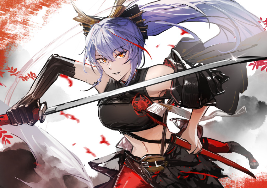 1girl akafuyu_(arknights) arknights bare_shoulders black_shirt chinese_commentary commentary_request cowboy_shot crop_top cropped_shirt glint highres holding holding_sword holding_weapon jierfeisi katana long_hair looking_at_viewer midriff mole mole_under_mouth multicolored_hair navel orange_eyes purple_hair red_hair shirt solo standing streaked_hair sword unsheathed weapon