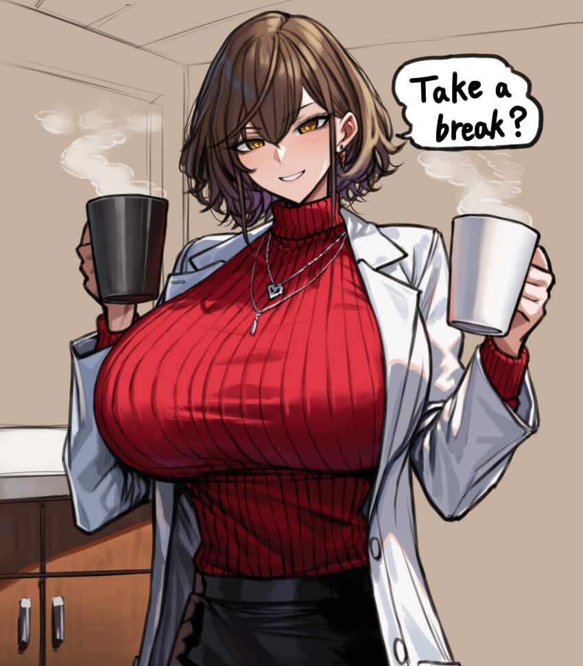 1girl absurdres black_skirt breasts brown_hair coffee_mug commentary_request cup earrings english_text hair_between_eyes highres holding holding_cup huge_breasts jacket jewelry looking_at_viewer medium_hair mug necklace orange_eyes original parted_lips red_sweater ribbed_sweater skirt smile solo speech_bubble sweater sweater_tucked_in turtleneck turtleneck_sweater upper_body white_jacket wolffeld_price