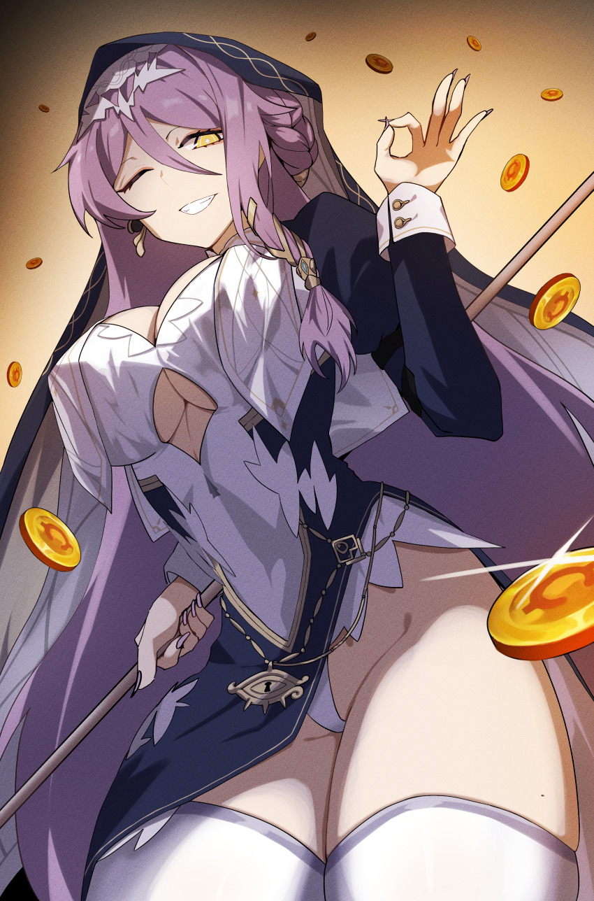 1girl absurdres braid breast_curtains breasts bright_pupils cleavage clothing_cutout coin commentary counter:side diamond-shaped_pupils diamond_(shape) earrings eye_symbol fingernails glint gold_coin grin hair_between_eyes half_up_braid hand_up highres holding jewelry juliet_sleeves large_breasts long_fingernails long_sleeves looking_at_viewer looking_down lucia_ridge money_gesture nun orange_background panties pantyshot puffy_sleeves purple_eyes purple_nails ringed_eyes single_earring single_sidelock smile solo symbol-shaped_pupils thighhighs thighs underboob_cutout underwear white_pupils white_thighhighs yellow_eyes zanlyu