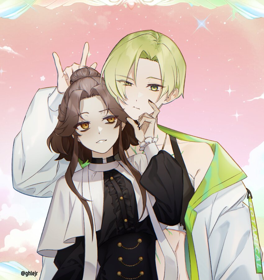 2girls \m/ absurdres brown_hair clerical_collar commentary commission english_commentary eyes_visible_through_hair ghlejr grabbing_another&#039;s_chin green_eyes green_hair hair_bun hand_on_another&#039;s_chin highres indie_virtual_youtuber jacket jewelry long_sleeves looking_at_another meredith_savehymn multiple_girls nail_polish necklace off_shoulder orange_eyes parted_bangs priest ronenn_haustoria second-party_source short_hair twitter_username upper_body virtual_youtuber white_jacket