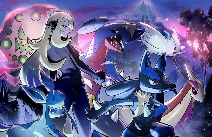 1girl black_pants black_shirt blonde_hair character_hair_ornament cynthia_(pokemon) from_side fur-trimmed_sleeves fur_trim garchomp gen_3_pokemon gen_4_pokemon glaceon grey_hair grin hair_ornament highres holding holding_poke_ball long_hair lucario milotic mountain night night_sky nintendo outdoors pants poke_ball pokemon pokemon_(creature) pokemon_day pokemon_dppt ryairyai shirt sky smile spiritomb togekiss tree very_long_hair