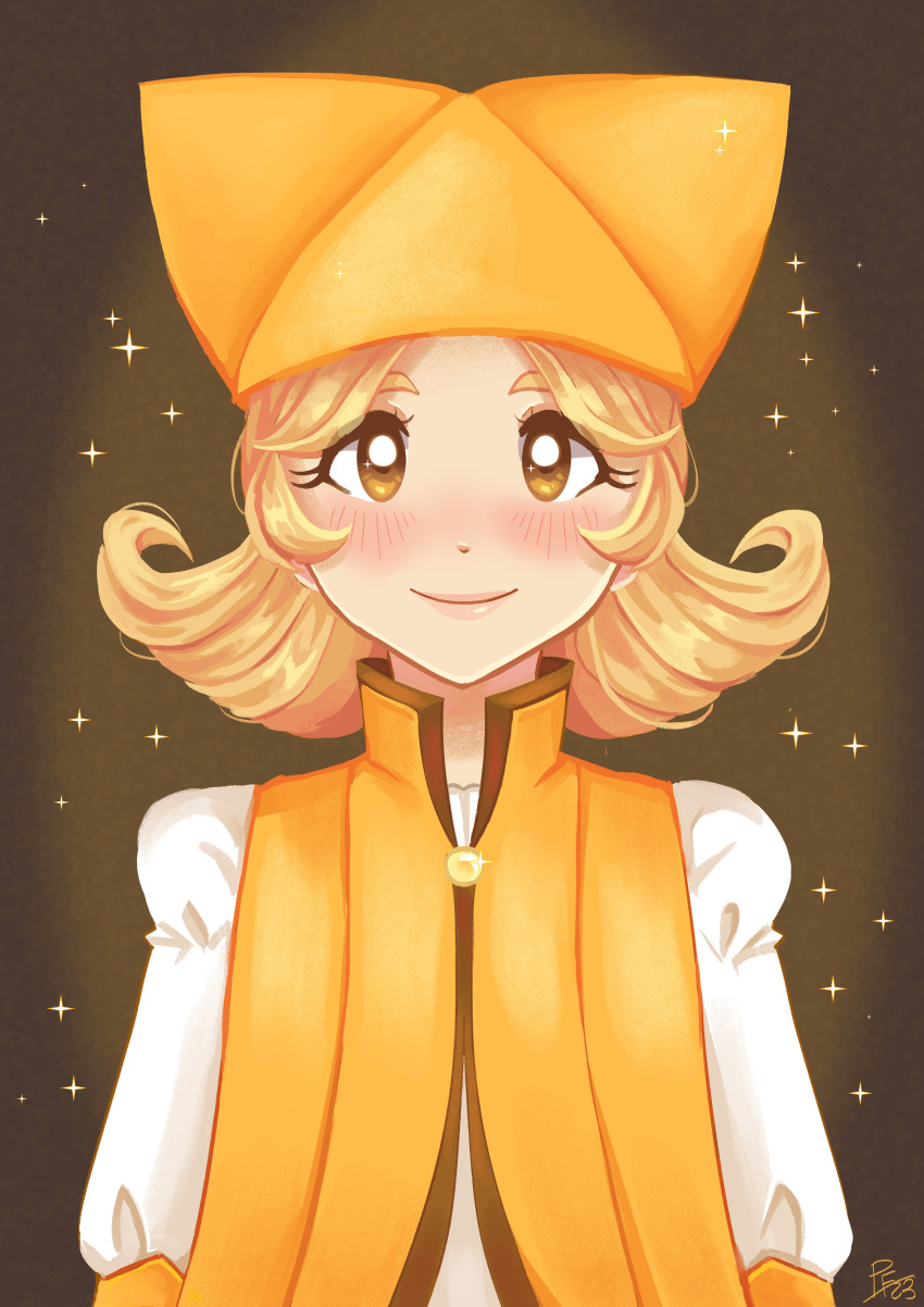 1girl absurdres blonde_hair brown_background brown_eyes closed_mouth collared_vest commentary english_commentary eyelashes hat high_collar highres light_blush lipstick long_sleeves looking_at_viewer makeup mario_(series) medium_hair nintendo olivia_(paper_mario) paper_mario paper_mario:_the_origami_king parted_bangs personification pink_lips pixelatedfairy puffy_long_sleeves puffy_sleeves shirt signature simple_background smile solo sparkle straight-on tareme thick_eyebrows upper_body vest white_shirt yellow_hat yellow_vest