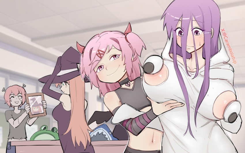 4girls ^_^ absurdres alternate_costume artist_name bare_shoulders black_choker black_dress black_gloves breast_cutout breastless_ghost_costume breasts brown_hair carambola_(carambolatup) chinese_commentary choker closed_eyes commentary_request detached_sleeves doki_doki_literature_club dress elbow_gloves fake_horns flat_chest ghost_costume gloves googly_eye_pasties googly_eyes grabbing_another&#039;s_breast green_eyes groping hair_between_eyes hair_ornament hairclip halloween halloween_costume hat highres holding holding_mirror hood hood_up horns indoors large_breasts long_hair long_hair_between_eyes looking_at_viewer medium_breasts midriff mirror monika_(doki_doki_literature_club) multiple_girls natsuki_(doki_doki_literature_club) navel pink_eyes pink_hair purple_eyes purple_hair reflection sayori_(doki_doki_literature_club) short_hair smile smug striped_sleeves swept_bangs twitter_username two_side_up very_long_hair witch_hat yuri_(doki_doki_literature_club)