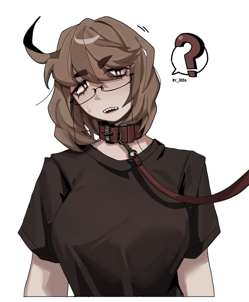 1girl absurdres ahoge animal_collar black_shirt breasts brown_eyes brown_hair collar glasses guo_yitao_(ny_000a) head_tilt highres large_breasts limbus_company looking_at_viewer medium_hair ny_000a open_mouth original project_moon red_collar shirt simple_background solo t-shirt white_background
