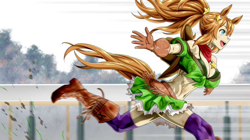 1girl :d afterimage animal_ears bandana bandeau blue_eyes boots breasts brown_gloves brown_hair cleavage from_side gloves green_bandeau hair_ornament hat_on_back highres horse_ears horse_girl horse_racing_track horse_tail kitsutsuki_(dzgu4744) large_breasts open_mouth outstretched_arms ponytail purple_thighhighs red_bandana running smile solo star_(symbol) star_hair_ornament taiki_shuttle_(umamusume) tail textless_version thighhighs umamusume