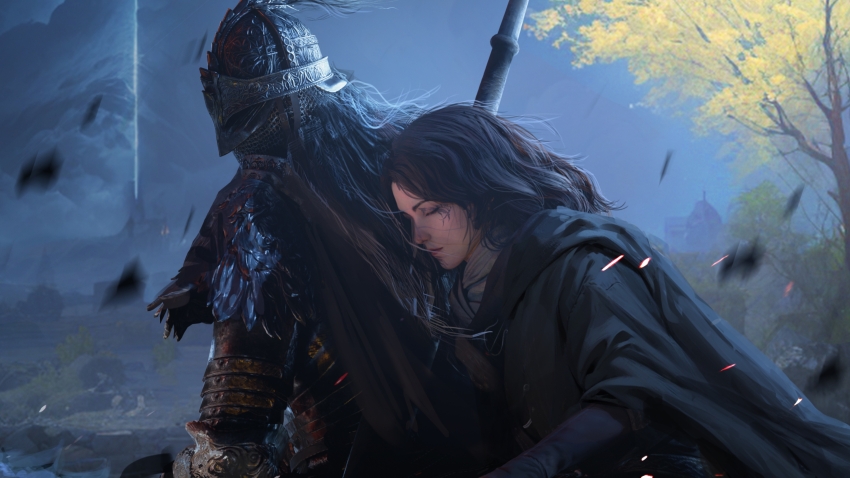 1boy 1girl absurdres black_cloak bloody_wolf_(elden_ring) brown_hair cape cloak closed_mouth couple elden_ring facial_tattoo fantasy fortuneteller helmet highres horseback_riding leaf leaning_on_person long_hair melina_(elden_ring) night night_sky one_eye_closed riding short_hair sky tarnished_(elden_ring) tattoo tree