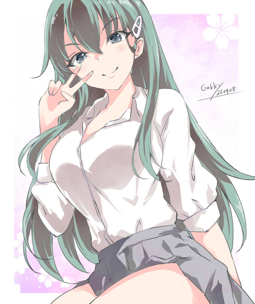 1girl alternate_costume collared_shirt cowboy_shot dress_shirt gakky green_eyes green_hair grey_skirt hair_ornament hairclip highres kantai_collection long_hair pleated_skirt shirt skirt solo suzuya_(kancolle) v white_shirt