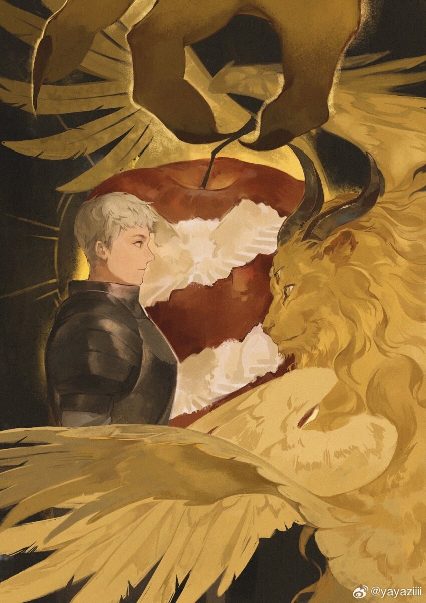 1boy animal_ears apple armor bird_wings black_background black_horns blonde_hair breastplate chimera chinese_commentary claws closed_mouth commentary_request demon_horns dungeon_meshi expressionless extra_ears face-to-face feathered_wings food french_commentary from_side fruit grey_shirt highres holding holding_food holding_fruit horns laios_touden long_sleeves male_focus mane mixed-language_commentary monster shirt short_hair watermark weibo_watermark winged_lion_(dungeon_meshi) wings yayaziiii yellow_eyes yellow_wings