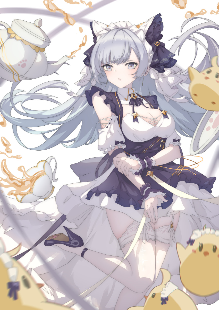 1girl absurdres alternate_costume animal_ears apron argus_(azur_lane) azur_lane breasts cheshire_(azur_lane) cheshire_(azur_lane)_(cosplay) cleavage commentary_request commission cosplay detached_sleeves dongyun_dy dress enmaided fake_animal_ears floating_hair foot_out_of_frame garter_straps grey_hair highres lace lace-trimmed_thighhighs lace_trim long_hair looking_at_viewer maid maid_headdress manjuu_(azur_lane) medium_breasts pixiv_commission puffy_detached_sleeves puffy_short_sleeves puffy_sleeves purple_apron short_sleeves simple_background solo tea teapot thighhighs very_long_hair white_background white_dress white_garter_straps white_thighhighs