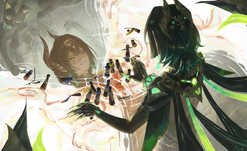 1girl ancient_egyptian_clothes animal ashru_(genshin_impact) black_cat cat claws commentary_request elbow_gloves eye_tattoo fake_claws from_behind gem genshin_impact gloves green_eyes green_gemstone green_hair green_streaks grin hair_ornament headpiece highres jewelry looking_at_reflection mark_under_eye medium_hair miaooon mole mole_under_eye nefer_(genshin_impact) reflection smile solo symbol-shaped_pupils tattoo triangle-shaped_pupils usekh_collar whiskers