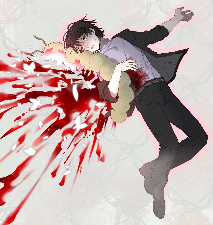 1boy absurdres belt black_jacket black_pants black_shoes blood blood_on_clothes brown_belt brown_eyes brown_hair bug butterfly chinese_commentary commentary_request crying crying_with_eyes_open empty_eyes full_body grey_background harada_minoru highres insect jacket male_focus mrkkaochang open_clothes open_jacket pants purple_shirt saibou_shinkyoku sanpaku shirt shoes short_hair sleeves_rolled_up solo tears turtleneck