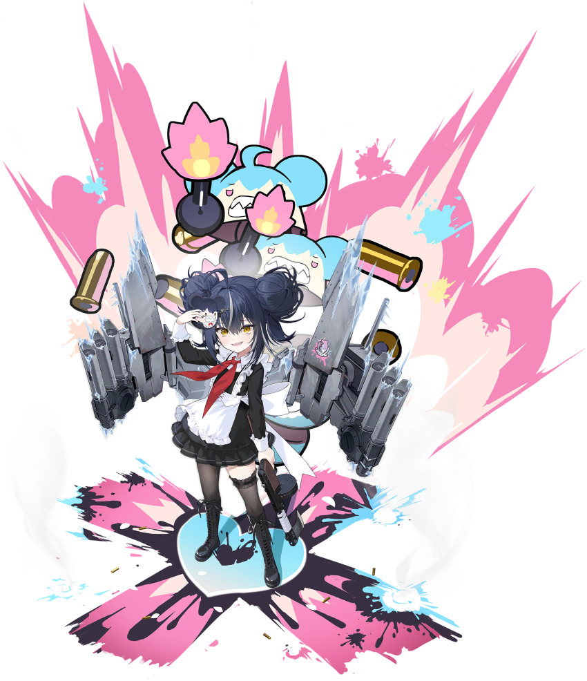 1girl apron asymmetrical_legwear azur_lane black_boots black_dress black_pantyhose black_skirt black_thighhighs blue_hair boots bullet double_bun dress explosion frilled_apron frilled_sleeves frills graffiti grey_hair gun hair_bun heart highres holding holding_gun holding_weapon long_sleeves looking_at_viewer maid maid_apron mismatched_legwear multicolored_hair neckerchief northern_parliament_(emblem) official_art open_mouth paint_splatter pantyhose pleated_skirt ppsh-41 red_neckerchief rigging single_leg_pantyhose single_thighhigh skirt smile solo streaked_hair submachine_gun svirepy_(azur_lane) thighhighs torpedo_tubes weapon yellow_eyes
