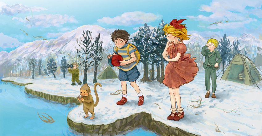 1girl 3boys backpack bag binoculars blonde_hair blue_bow blue_bowtie blue_shorts blue_sky bow bowtie bubble_monkey closed_mouth dress glasses green_jacket green_pants hat holding holding_binoculars holding_unworn_clothes holding_unworn_hat jacket jeff_andonuts lake monkey mother_(series) mother_2 mountain multiple_boys ness_(mother_2) nicoharico nintendo outdoors pants paula_(mother_2) pink_dress red_bow red_footwear shirt shoes short_hair short_sleeves shorts sky snow socks striped_clothes striped_shirt tent tree unworn_hat unworn_headwear white_socks winter