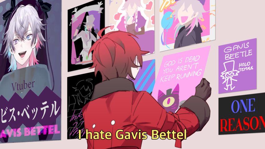 2boys black_gloves commentary creature english_commentary english_text facing_away from_behind gavis_bettel gavis_bettel_(1st_costume) gloves heterochromia highres holostars holostars_english i_hate_anime_(meme) jacket lynnear machina_x_flayon machina_x_flayon_(1st_costume) male_focus meme merchandise multicolored_hair multiple_boys phantom_(gavis_bettel) poster_(object) red_jacket scene_reference short_hair subtitled tsundere upper_body virtual_youtuber