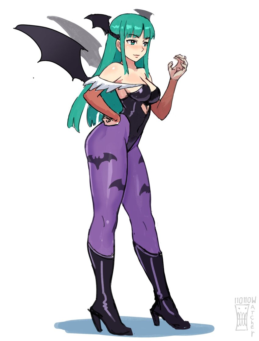 1girl absurdres animal_print artist_name bare_shoulders bat_print bat_wings black_boots black_leotard blunt_bangs blush boots breasts bridal_gauntlets brown_gloves clothing_cutout commentary darkstalkers elbow_gloves english_commentary full_body gloves green_eyes green_hair hand_on_own_hip head_wings heart_cutout high_heel_boots high_heels highleg highleg_leotard highres knee_boots leotard long_hair medium_breasts morrigan_aensland pantyhose print_pantyhose purple_pantyhose red_pupils simple_background smile solo standing strapless strapless_leotard watcher_hollow white_background wings