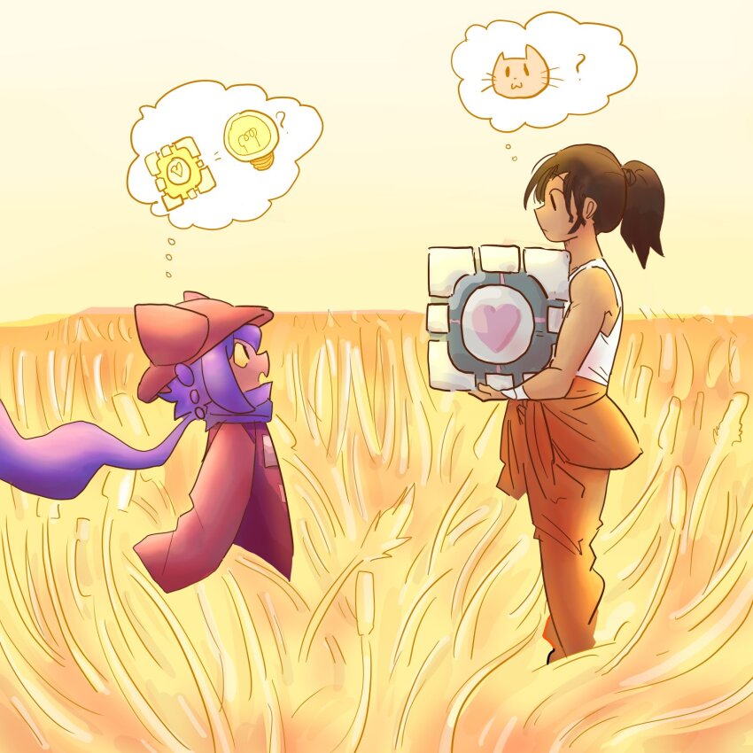 1girl 1other androgynous animal_ear_headwear animal_ears animal_hat aperture_science_weighted_companion_cube brown_poncho brown_tunic cat_ears cat_hat chell colored_sclera fake_animal_ears hat highres light_bulb niko_(oneshot) oneshot_(game) orange_pants pants portal portal_(series) portal_2 purple_hair purple_scarf rubyjakewillton scarf shirt speech_bubble thought_bubble tunic wheat_field whiskers white_shirt yellow_sclera