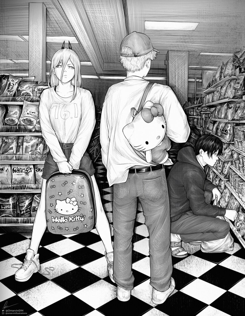 1girl 2boys absurdres bag baseball_cap belt ceiling_light chainsaw_man character_doll checkered_floor demon_girl demon_horns denim denji_(chainsaw_man) doll from_behind greyscale hair_between_eyes hat hayakawa_aki hello_kitty hello_kitty_(character) highres hood hoodie horns indoors jeans long_hair market marvin_(omarvin) merchandise monochrome multiple_boys pants power_(chainsaw_man) sandals sanrio shirt shoelaces shoes shop shopping short_hair shorts sneakers squatting topknot