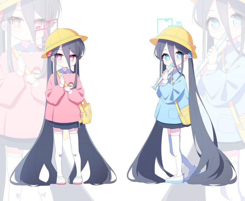 2girls 525_woiwo aris_(blue_archive) black_hair blue_archive blue_eyes blush green_halo hair_bobbles hair_ornament halo hat highres kei_(blue_archive) kindergarten_uniform long_hair long_sleeves looking_at_viewer low_twintails multiple_girls pink_shirt pleated_skirt red_eyes red_halo school_hat shirt simple_background skirt smile twintails white_background yellow_hat