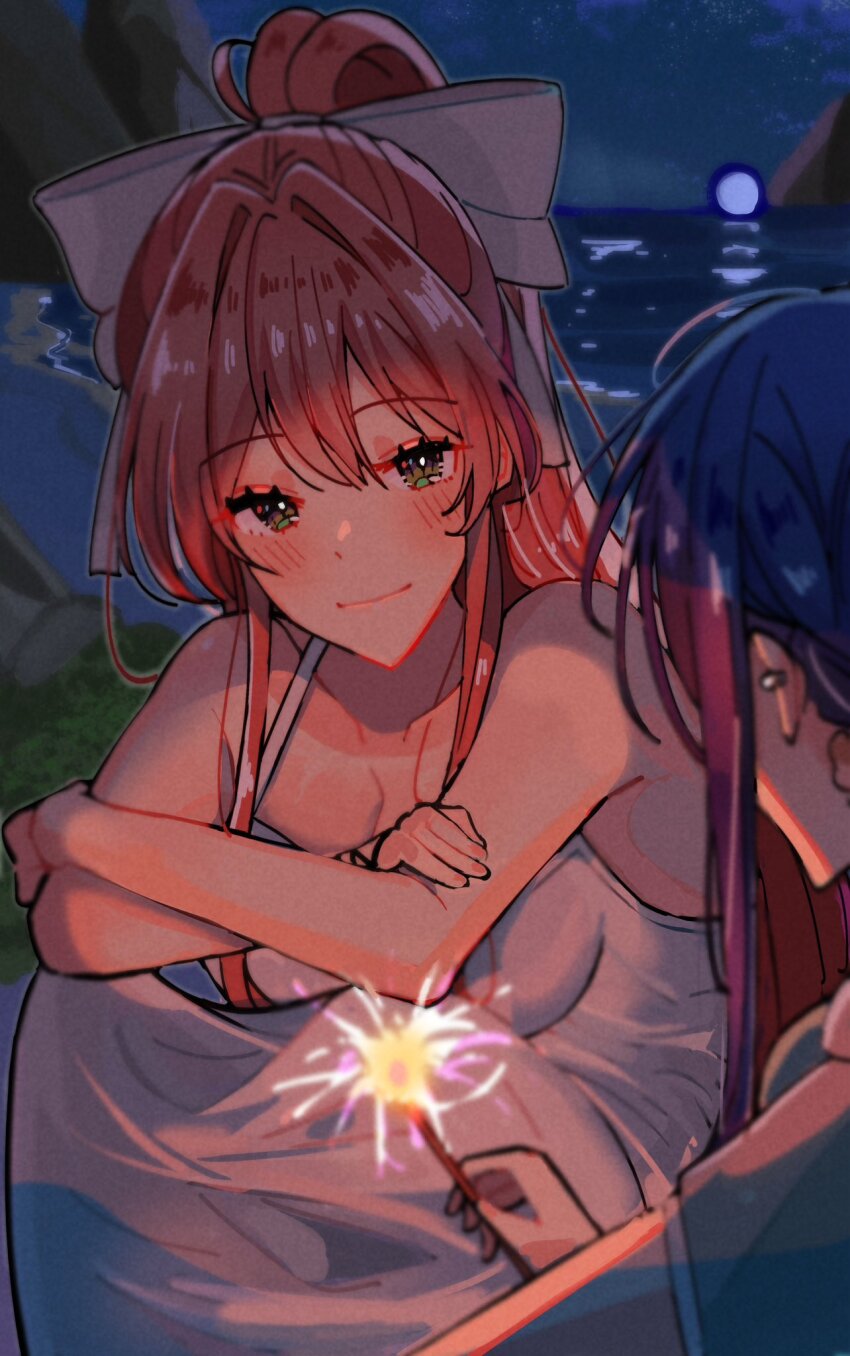 2girls artist_self-insert blue_eyes blue_hair blush bow crossed_arms dark doki_doki_literature_club dress earrings fireworks glowing hair_between_eyes hair_bow high_ponytail highres holding holding_fireworks horizon jewelry looking_at_another monika_(doki_doki_literature_club) moon multiple_girls night pink_hair ponytail shore sidelocks smile sparkler squatting white_dress yananeruu yuri