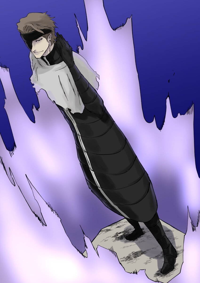 1boy aizen_sousuke black_bodysuit bleach bleach:_sennen_kessen-hen blue_background bodysuit brown_eyes brown_hair casting_spell closed_mouth commentary_request dutch_angle eyepatch full_body hand_up highres looking_at_viewer male_focus mitu_hide43 nose one_eye_covered open_hand short_hair simple_background smile solo standing
