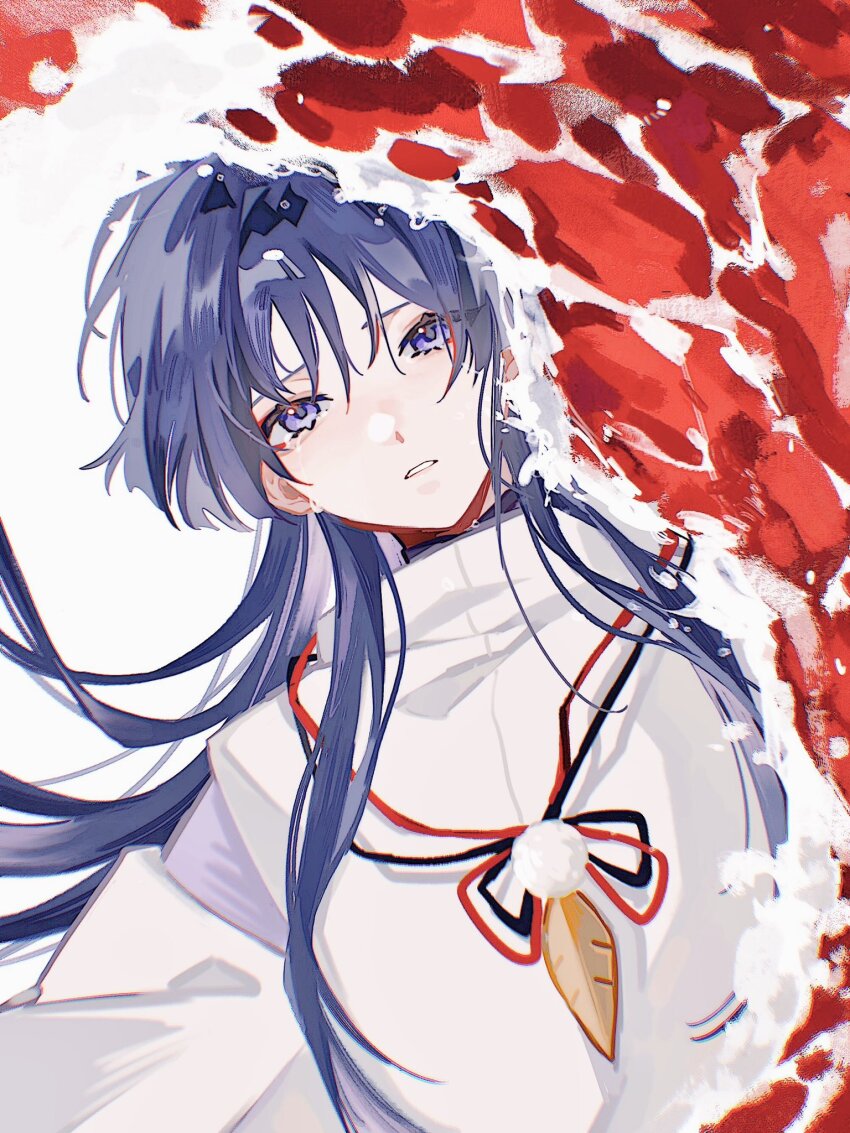 1boy alternate_hair_length alternate_hairstyle black_ribbon blunt_ends commentary crying crying_with_eyes_open detached_sleeves eyeshadow genshin_impact hair_between_eyes highres japanese_clothes leaf long_hair long_sleeves looking_at_viewer looking_up lying makeup male_focus neck_ribbon official_alternate_costume on_back pom_pom_(clothes) purple_eyes purple_hair purple_shirt red_eyeshadow red_ribbon red_water ribbon sad scaramouche_(genshin_impact) scaramouche_(kabukimono)_(genshin_impact) shirt sidelocks simple_background solo symbol-only_commentary tears teeth vest w02_14 white_background white_vest wide_sleeves