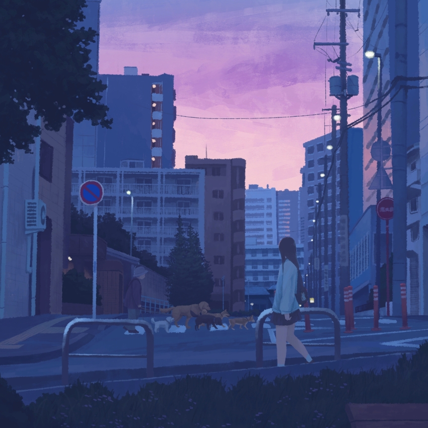 1girl 1other air_conditioner animal apartment bag balcony black_footwear blue_jacket blue_skirt blue_theme brown_hair brown_pants bucket_hat building bush cable cardigan city cloud cloudy_sky commentary crosswalk dog dog_request evening gensuke_(ryun) golden_retriever grass hat highres holding holding_leash jacket lamppost leash long_hair long_sleeves miniskirt multiple_dogs no_entry_sign original pants pet_walking pleated_skirt railing road road_sign shiba_inu sign skirt sky socks street thighs traffic_cone tree utility_pole welsh_corgi white_cardigan white_socks