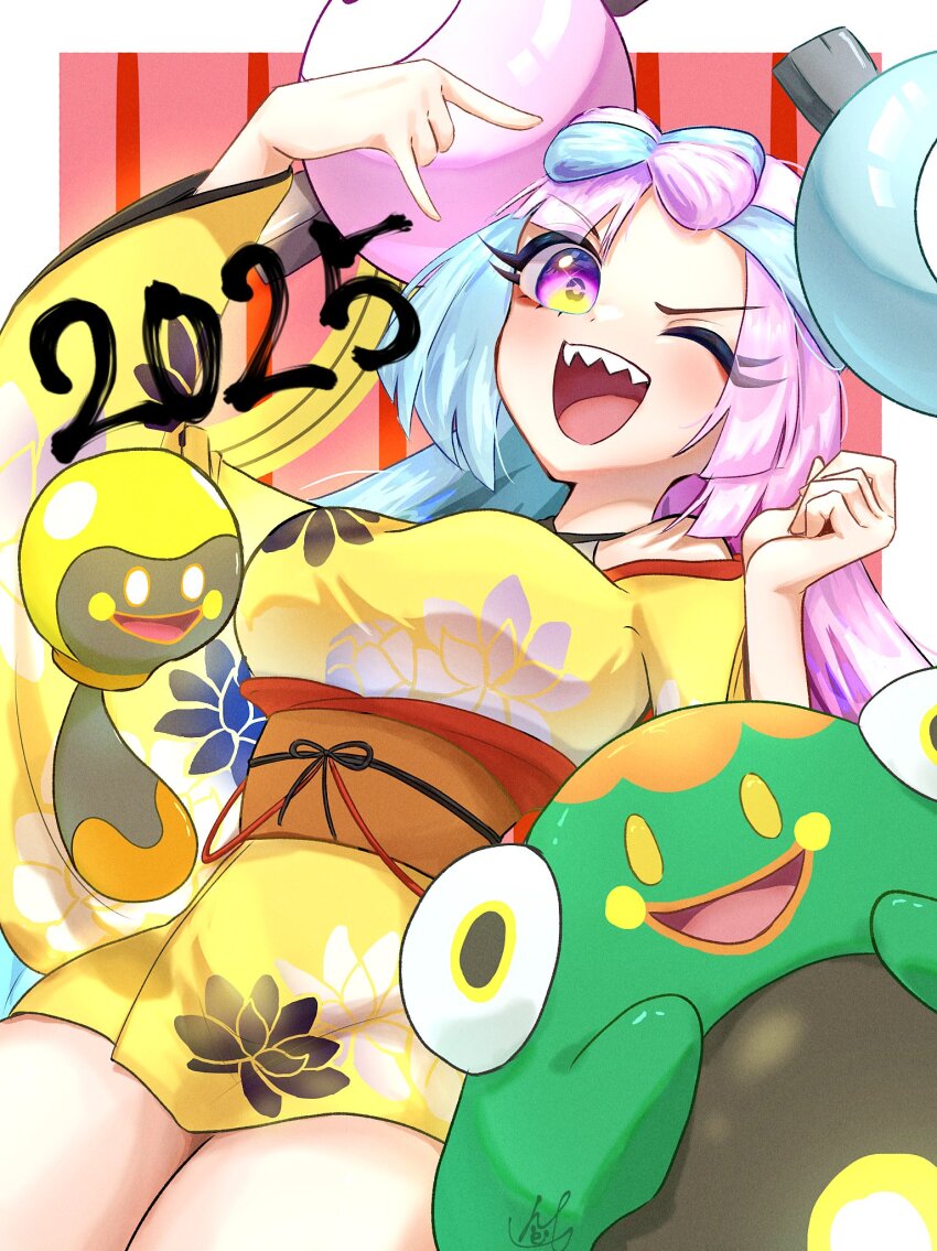 alternate_costume bellibolt bow-shaped_hair character_hair_ornament hair_ornament happy_new_year iono_(pokemon) japanese_clothes kimono long_hair low-tied_long_hair multicolored_hair namekuj1hey new_year nintendo pokemon pokemon_sv sharp_teeth tadbulb teeth two-tone_hair