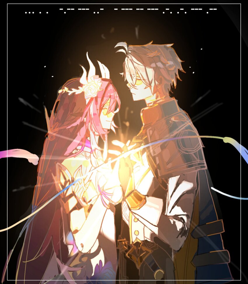 1boy 1girl ahoge black_background black_gloves breasts coat commentary cyrene_(honkai:_star_rail) cyrene_(ripples_of_past_reverie)_(honkai:_star_rail) dress fingerless_gloves flower gloves hair_flower hair_ornament highres honkai:_star_rail honkai_(series) interlocked_fingers long_hair medium_breasts morse_code multicolored_hair phainon_(honkai:_star_rail) pink_hair rina_(9158good) smile two-tone_hair very_long_hair white_coat white_dress white_hair