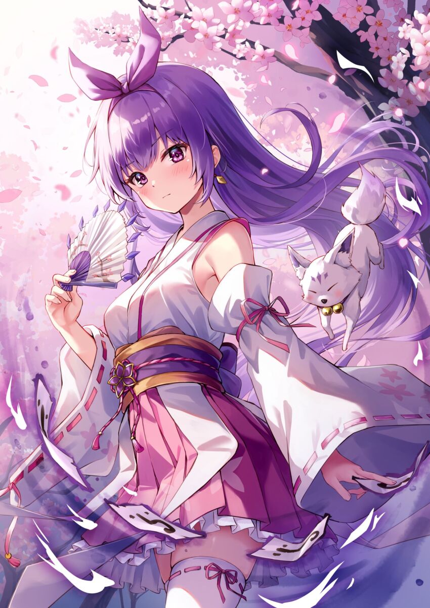 1girl ayanokouji_kanna cherry_blossoms detached_sleeves floating_hair fox hair_ribbon hairband hand_fan highres long_hair looking_at_viewer maplestory miniskirt nontraditional_miko ofuda purple_eyes purple_hair ribbon sakura sakura_petals sebu_illust skirt solo thighhighs white_thighhighs zettai_ryouiki