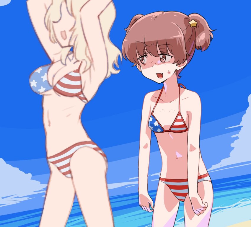 2girls alisa_(girls_und_panzer) american_flag american_flag_bikini american_flag_print beach bikini blonde_hair breasts brown_hair cleavage collarbone fang flag_print flag_print_bikini freckles girls_und_panzer hair_ornament highres kay_(girls_und_panzer) large_breasts long_hair looking_at_another monolith_(suibou_souko) multiple_girls navel ocean open_mouth outdoors print_bikini short_hair sky small_breasts smile star_(symbol) star_hair_ornament swimsuit twintails