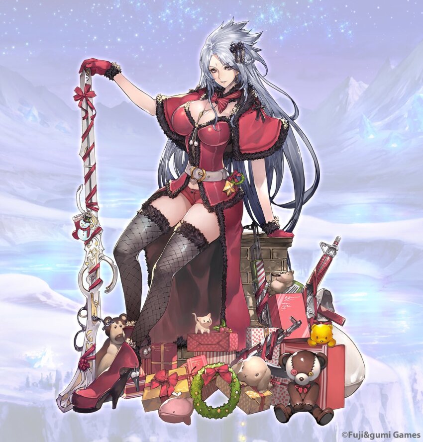 1girl belt black_fur boots bow bowtie breasts brionac_(phantom_of_the_kill) chimney choker christmas christmas_stocking cleavage commentary_request company_name fishnet_thighhighs fishnets full_body gift grey_hair gun hair_ornament high_heels jewelry lake large_breasts long_hair mountain musket necklace official_art phantom_of_the_kill red_boots red_shorts ribbon rifle second-party_source shorts sleeveless snow snowman solo star_(sky) star_(symbol) stuffed_animal stuffed_toy teddy_bear thighhighs toy valley very_long_hair weapon wrapped wreath yoshizumi_kazuyuki